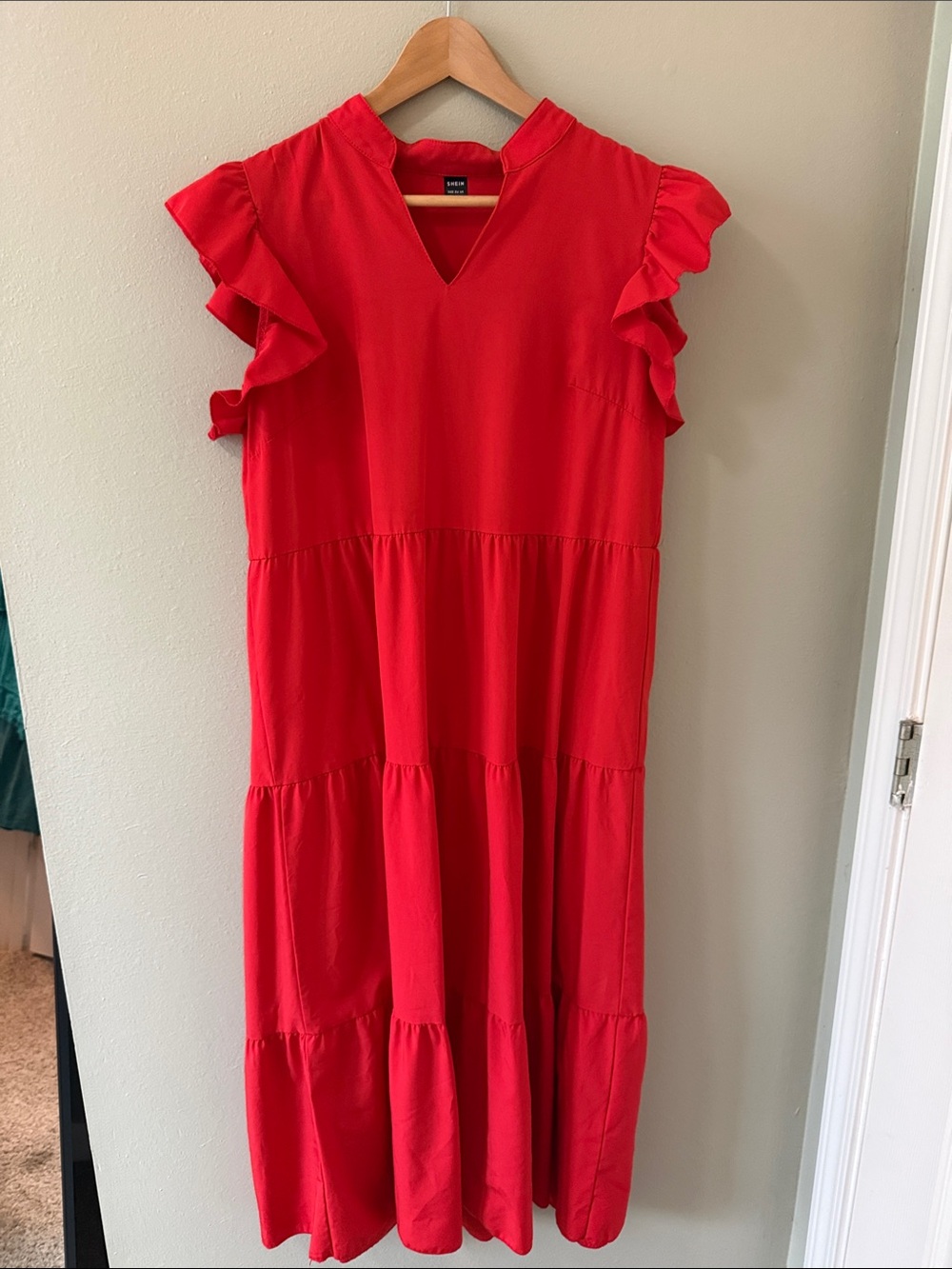 SHEIN Red Ruffle Sleeve Tiered Maxi Dress